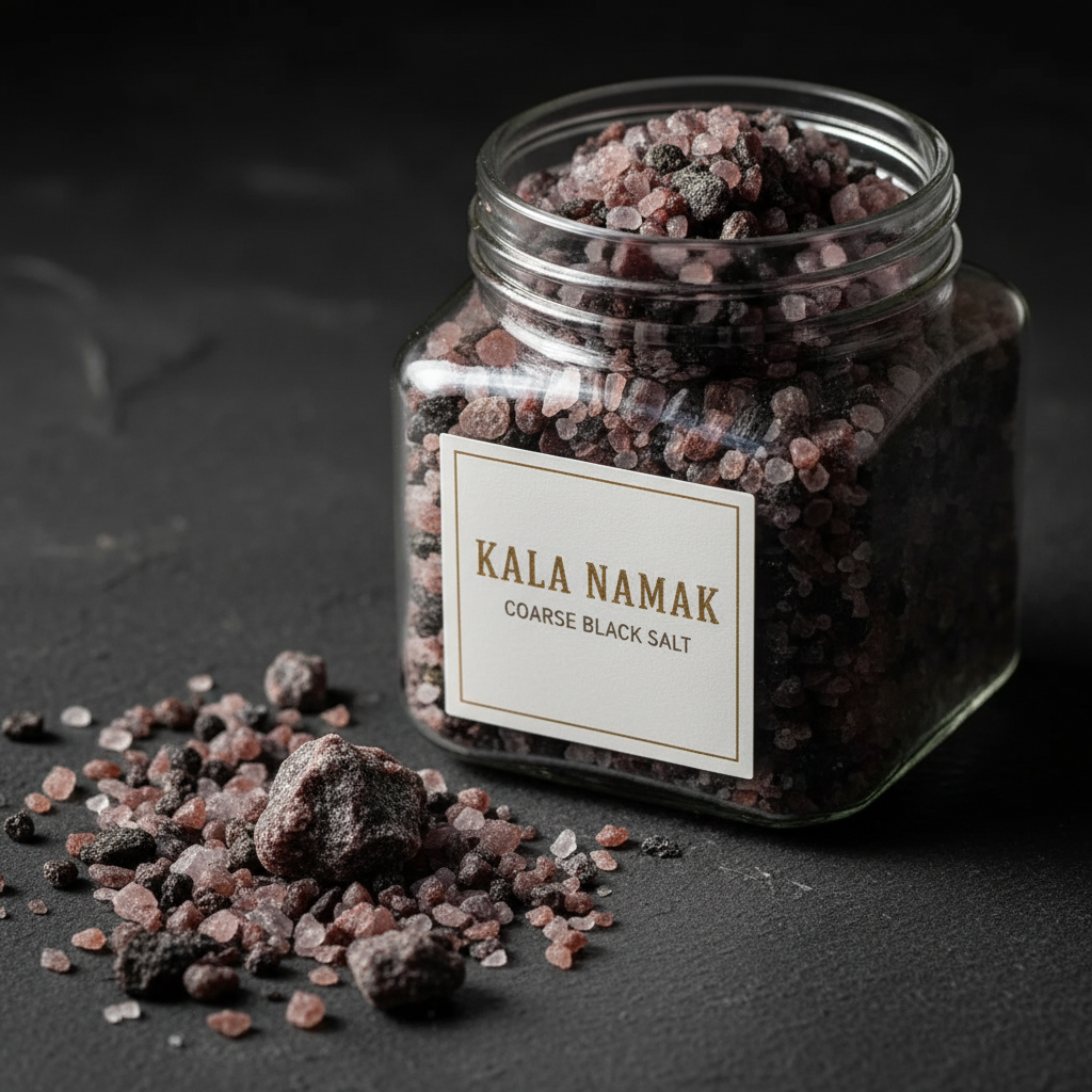 Kala Namak coarse black salt crystals macro close-up showing dark purple-black mineral colour