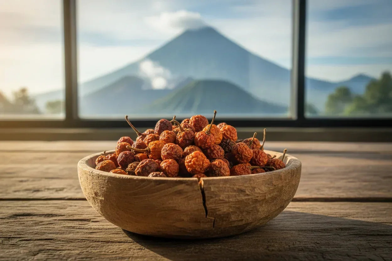 Wooden bowl of dried chili peppers on a rustic table with a mountain view in the background