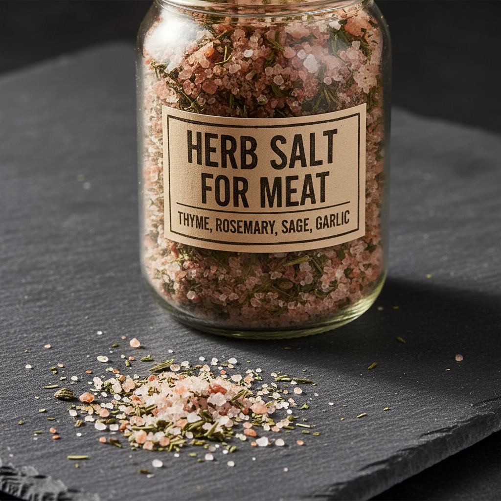 Herb salt meat seasoning crystals macro close-up with green herb flecks on dark slate