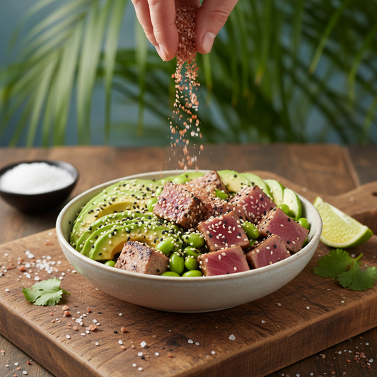 Alaea Hawaiian red coarse salt sprinkled over fresh tuna poke bowl with avocado and edamame