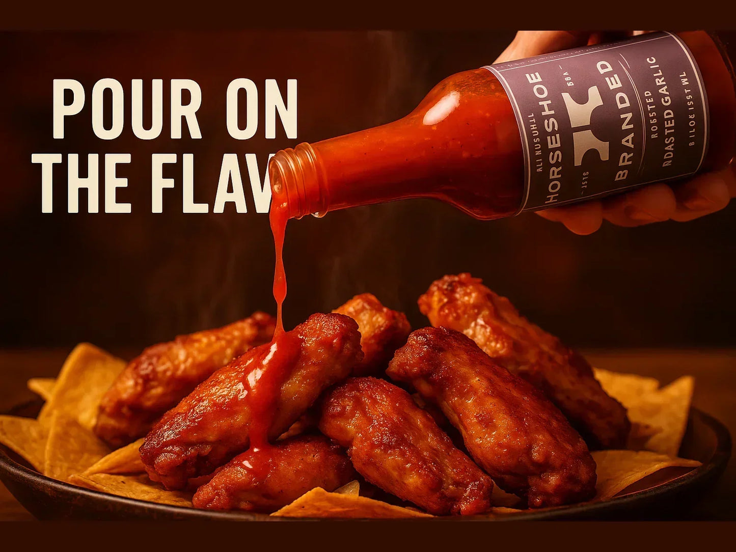 Hot sauce being poured onto chicken wings over tortilla chips on a plate