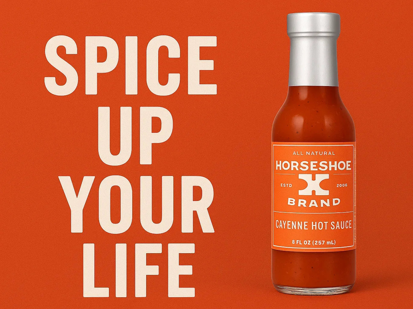 Bottle of cayenne hot sauce with bold text 'Spice Up Your Life' on an orange background