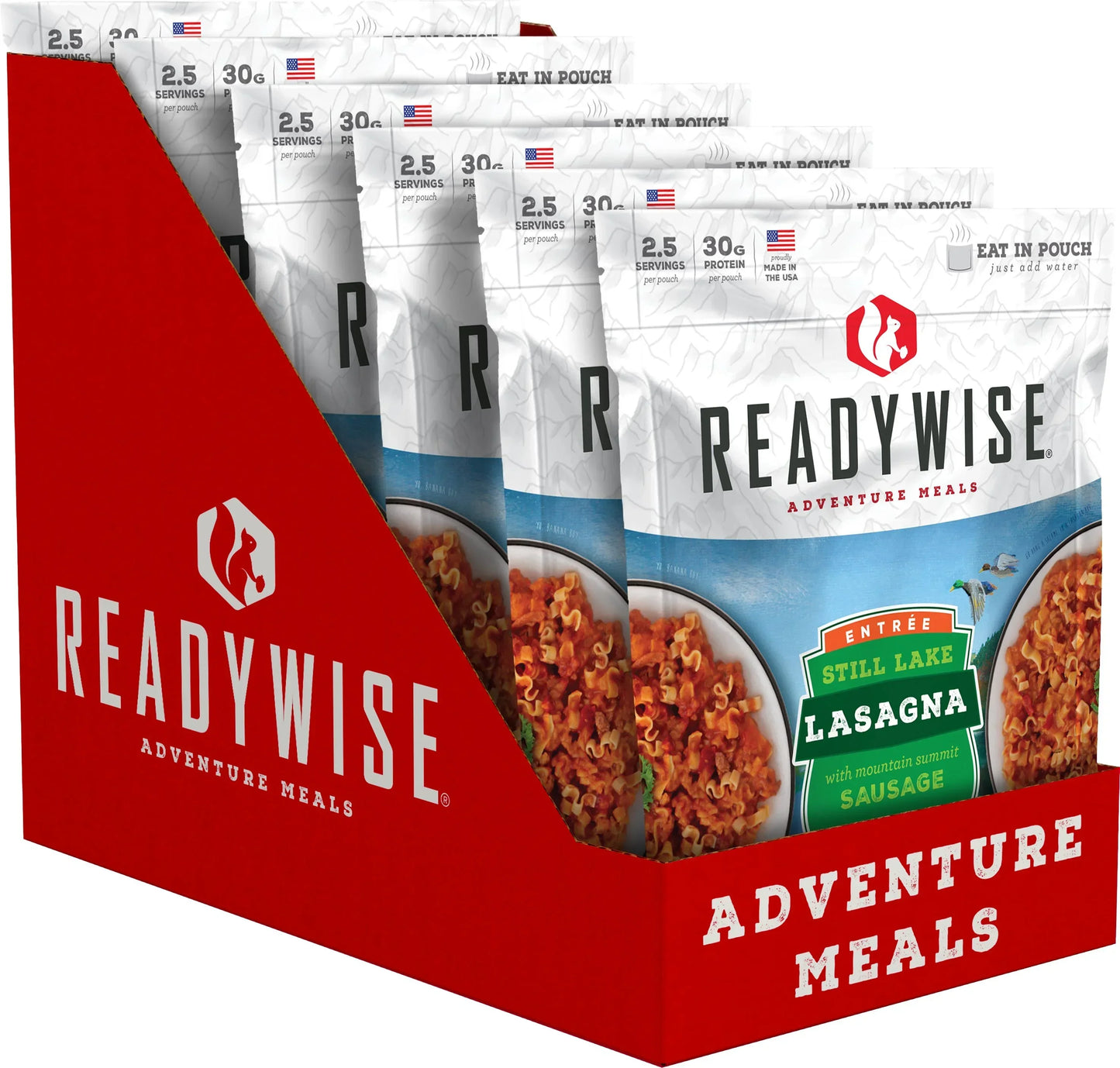 ReadyWise Adventure Meals lasagna with sausage freeze-dried meal packs in red display box
