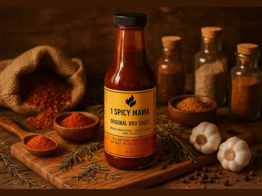 Original BBQ sauce bottle on wooden board with spices, herbs, and garlic in market setting