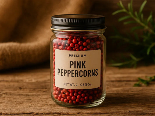 Glass jar of premium pink peppercorns on rustic wooden table with herbs