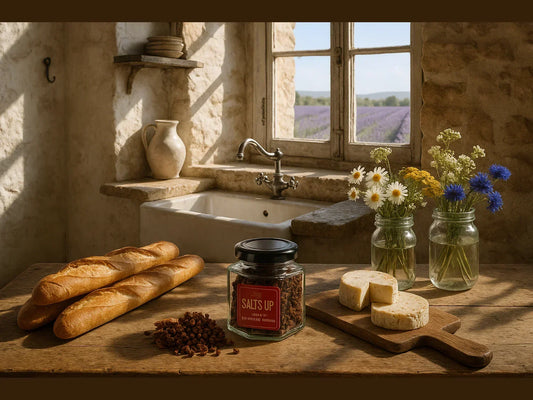 Rustic kitchen with baguettes, cheese, pepper jar, wildflowers, and lavender fields view