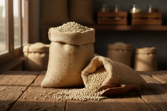 Burlap sacks filled with white peppercorns on rustic wooden table with wooden scoop dark background