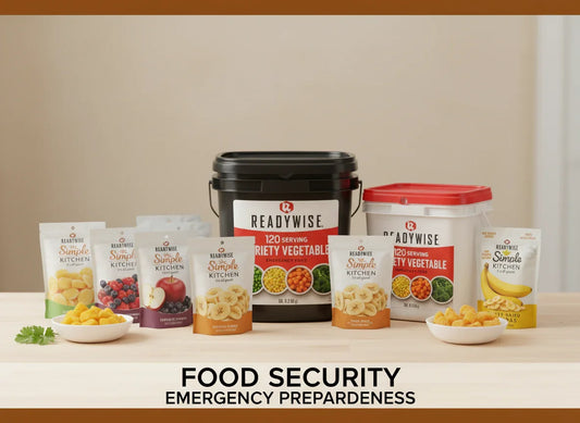 ReadyWise emergency food storage kits and freeze-dried snacks on table, food security theme