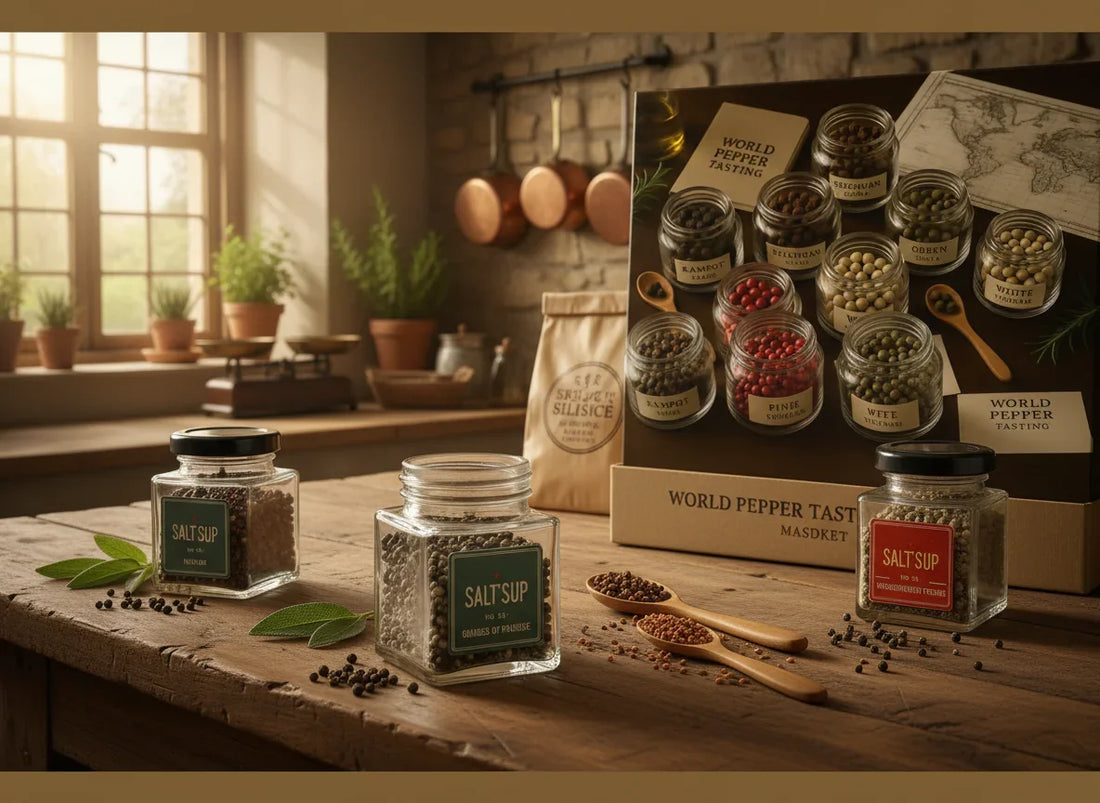 Assorted exotic pepper jars and spices displayed on a rustic kitchen table, world pepper tasting set.