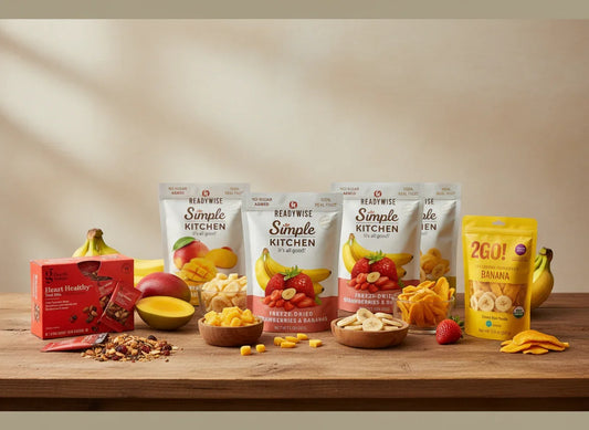 Assorted healthy snacks and dried fruit packs with bananas and mango on a wooden table.