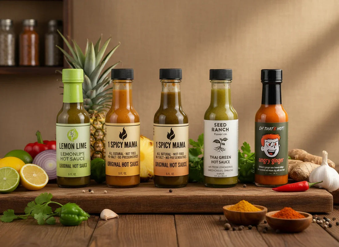 Assorted hot sauce bottles with fresh ingredients like pineapple, lime, herbs, and spices.