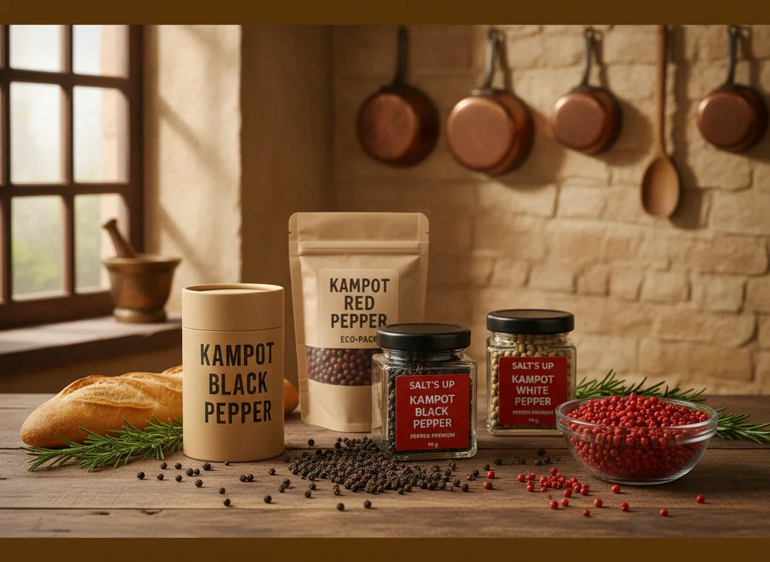 Kampot pepper collection with black, red, and white pepper on rustic kitchen table