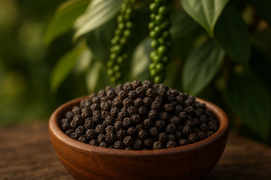 Kampot pepper premium black peppercorns in wooden bowl with green pepper vines in background