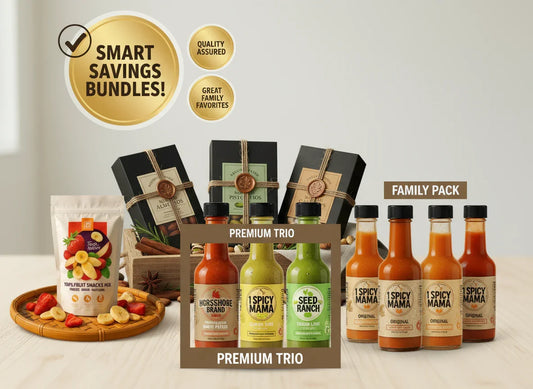 Assorted snack and sauce product bundles with labels, premium trio and family pack, on table.