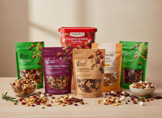 Assorted trail mix varieties in colorful bags and bowls on a wooden table