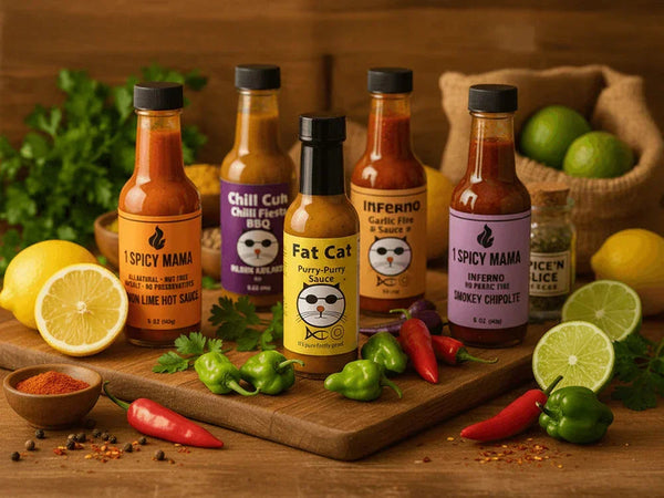Assorted artisan hot sauces from Spice n Slice Market with fresh limes, lemons, and peppers.