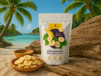 100% banana freeze dried snack in tropical beach setting with banana slices in baskets