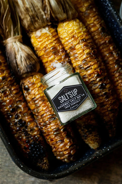 Grilled corn on the cob with Salt's Up Inka SunSalt coarse gourmet salt jar