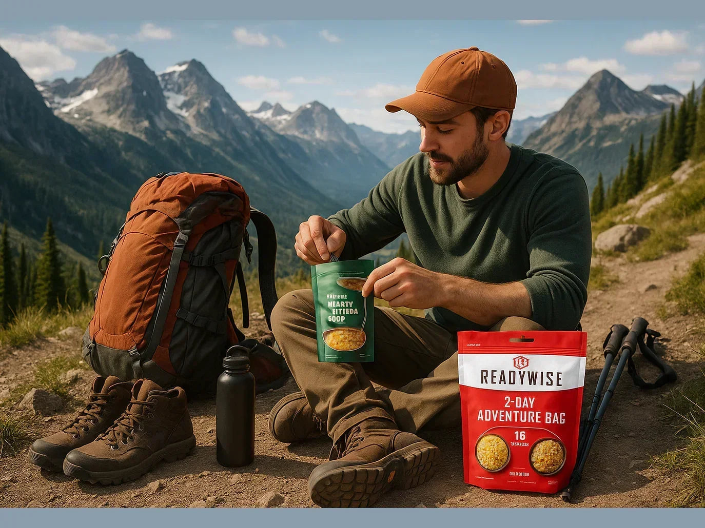 Hiker with backpack and ReadyWise 2-day adventure bag enjoying meal on mountain trail
