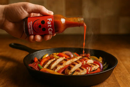 Fat Cat hot sauce being poured over sizzling chicken fajitas in a cast iron skillet