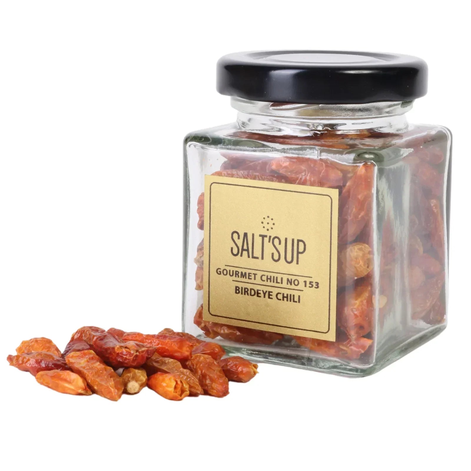 Glass jar of Salt'sUp birdeye chili with dried red chilies, Spice n Slice Market gourmet product