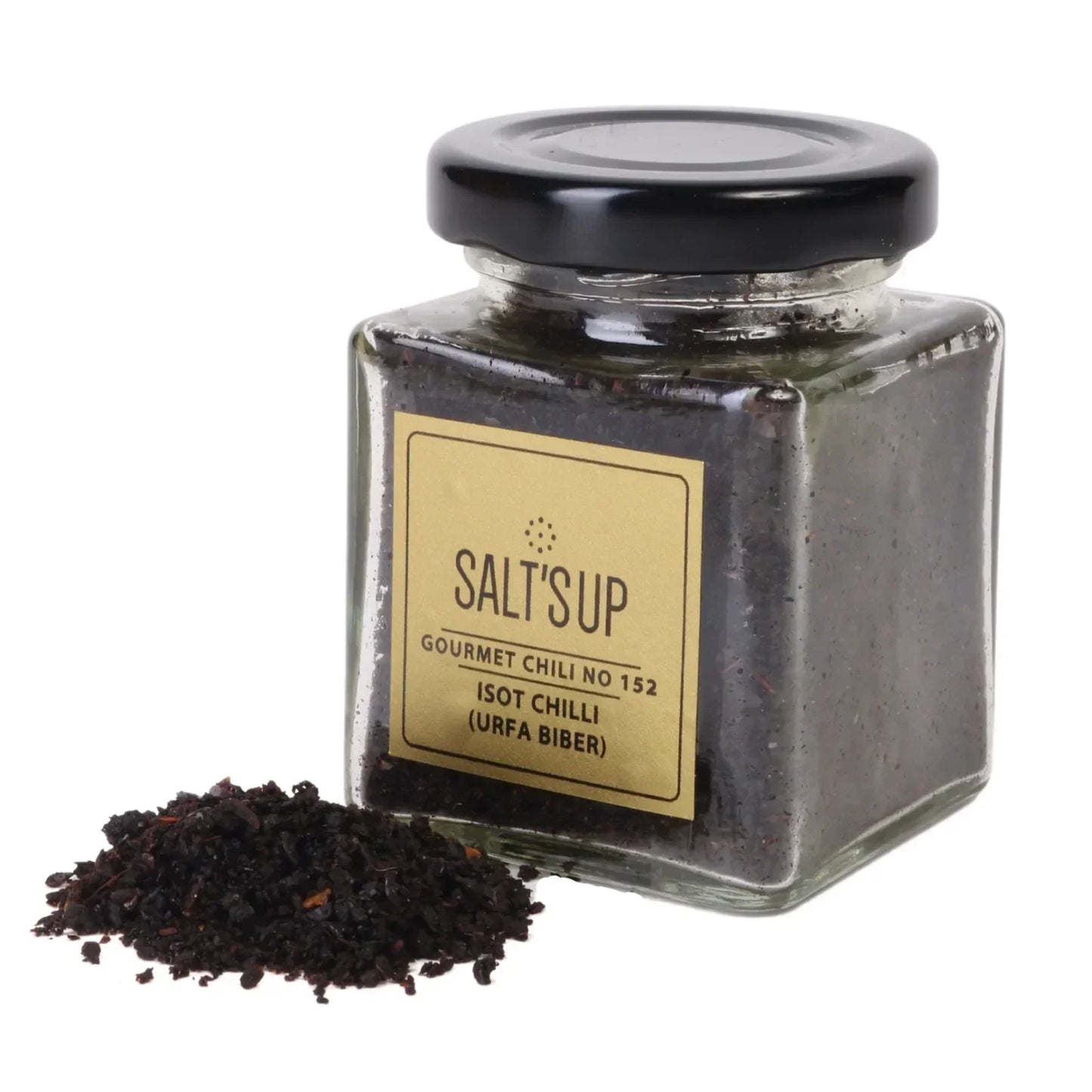Isot chilli Urfa Biber gourmet chili No 152 in glass jar with spice pile, Spice n Slice Market.