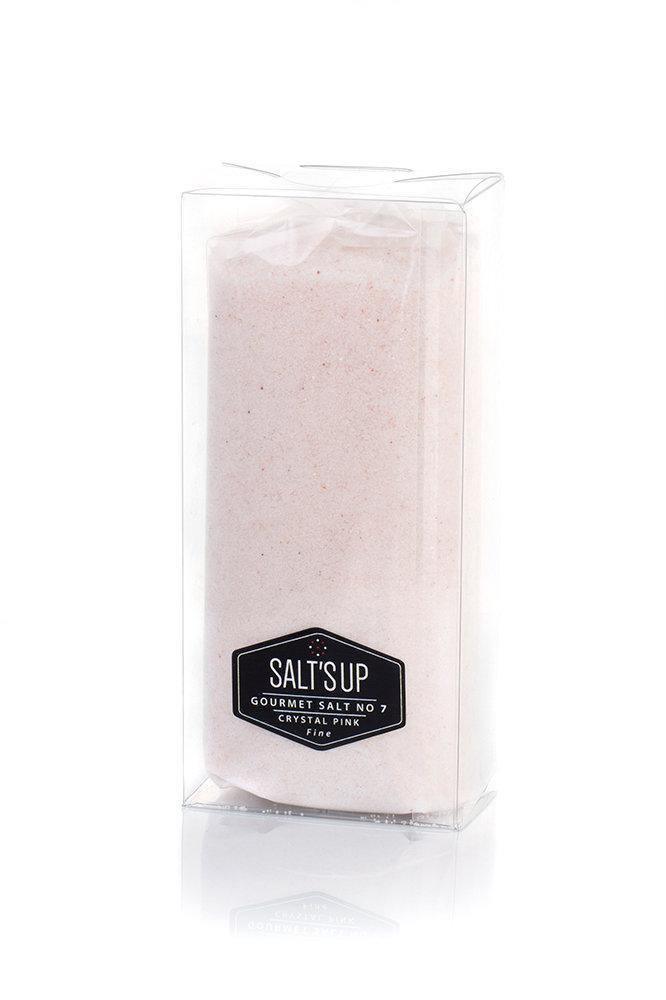 Salt's Up Crystal Pink Gourmet Salt No 7 in clear packaging, artisan seasoning product.