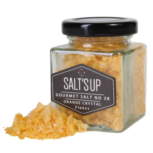 Salt's Up Orange Crystal gourmet salt flakes in glass jar with black lid, Spice n Slice Market