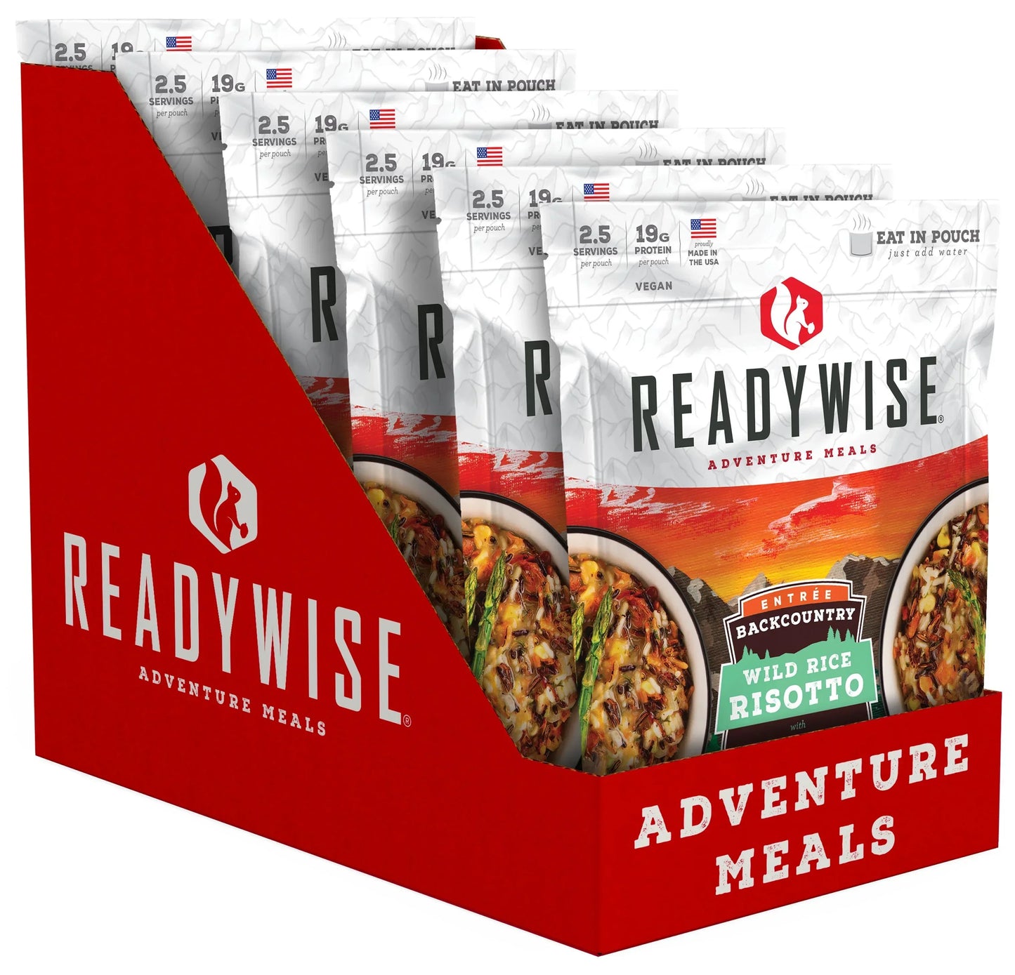 Box of ReadyWise Backcountry Wild Rice Risotto vegan adventure meal pouches