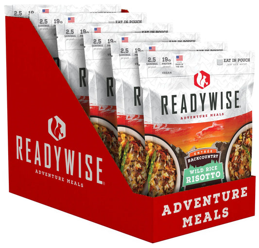 Box of ReadyWise Backcountry Wild Rice Risotto vegan adventure meal pouches