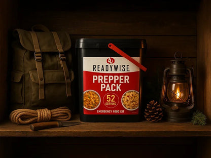 ReadyWise Prepper Pack 52 serving emergency food kit on shelf with backpack, lantern, rope, knife