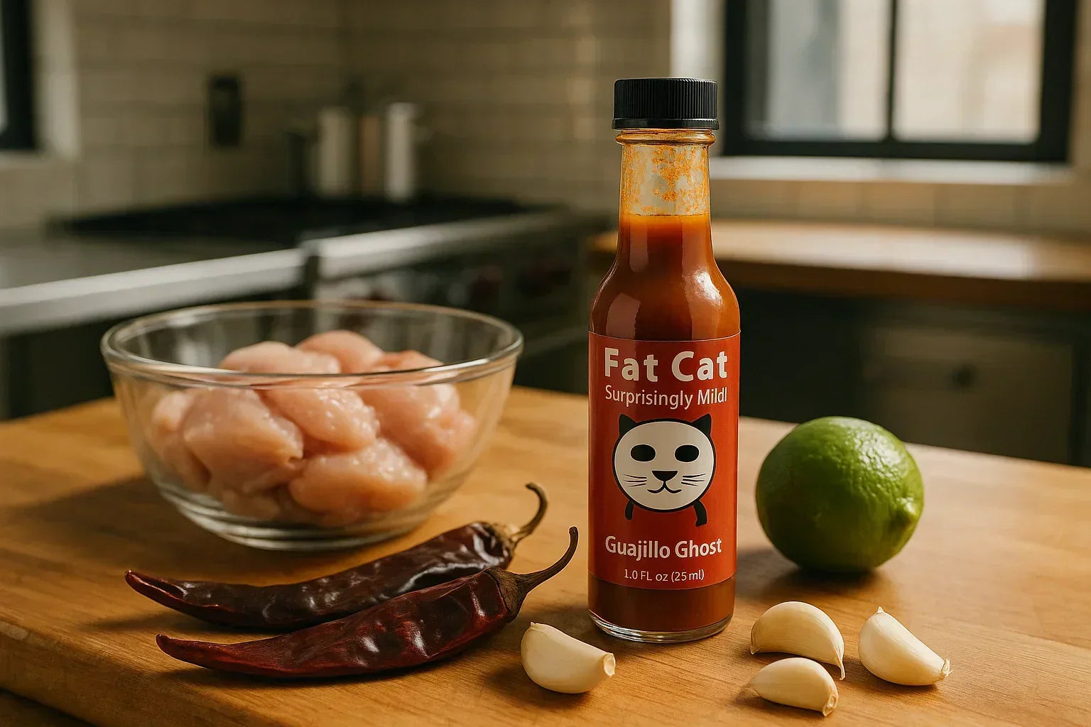Fat Cat Guajillo Ghost hot sauce, raw chicken, lime, dried chilies, and garlic on kitchen counter
