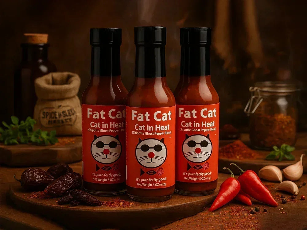 Fat Cat 'Cat in Heat' chipotle ghost pepper hot sauce bottles with peppers and spices