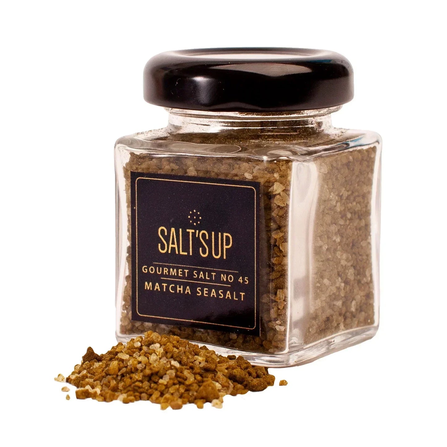 Salt's Up Matcha Sea Salt in glass jar with loose gourmet salt, Spice n Slice Market