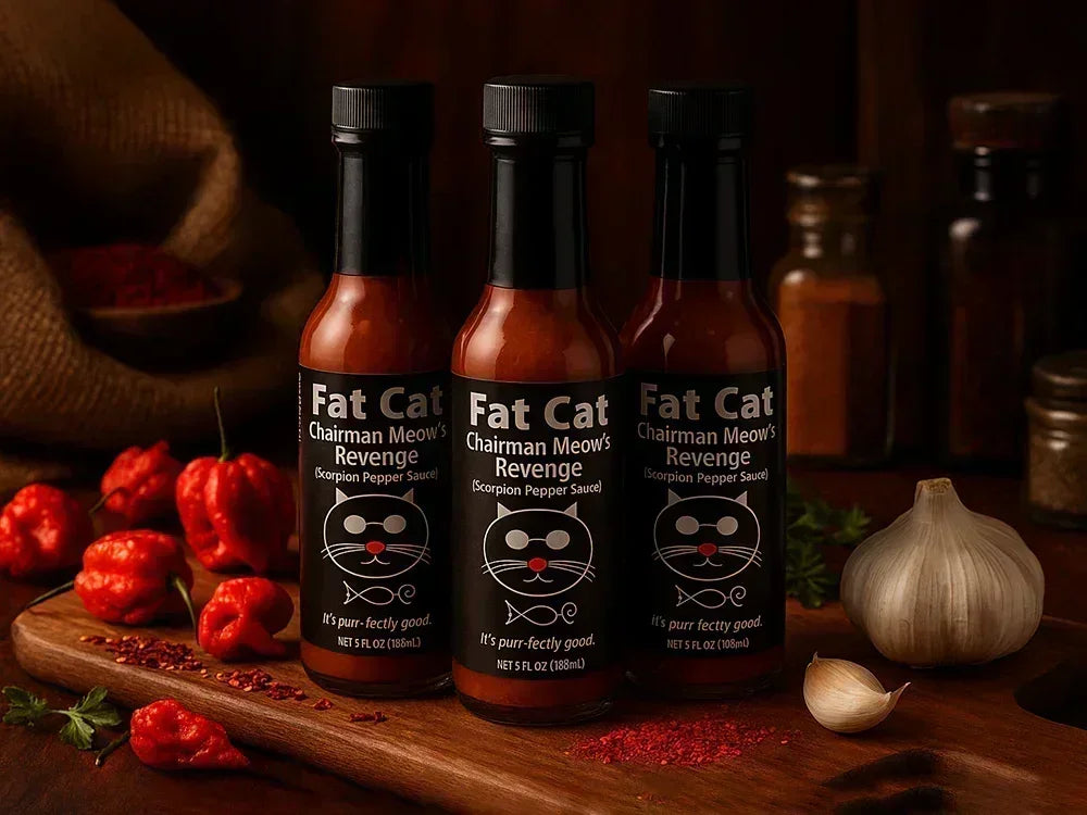 Three bottles of Fat Cat Chairman Meow's Revenge scorpion pepper hot sauce with spices, peppers, and garlic.