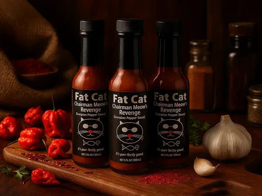 Three bottles of Fat Cat Chairman Meow's Revenge scorpion pepper hot sauce with spices, peppers, and garlic.
