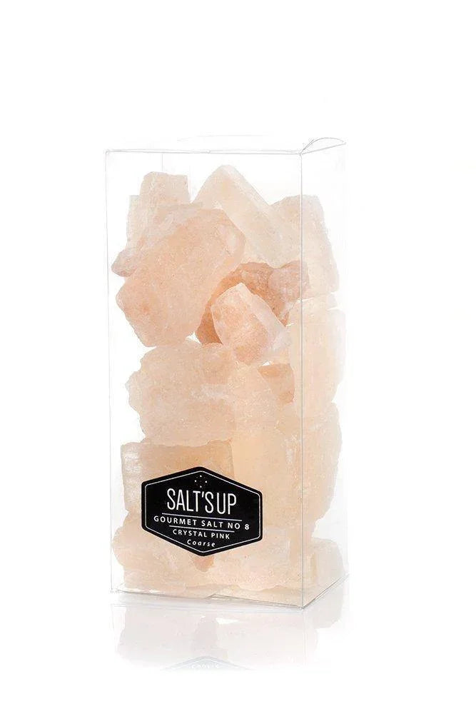Salt's Up Crystal Pink coarse gourmet salt rocks in clear packaging, Spice n Slice Market specialty.