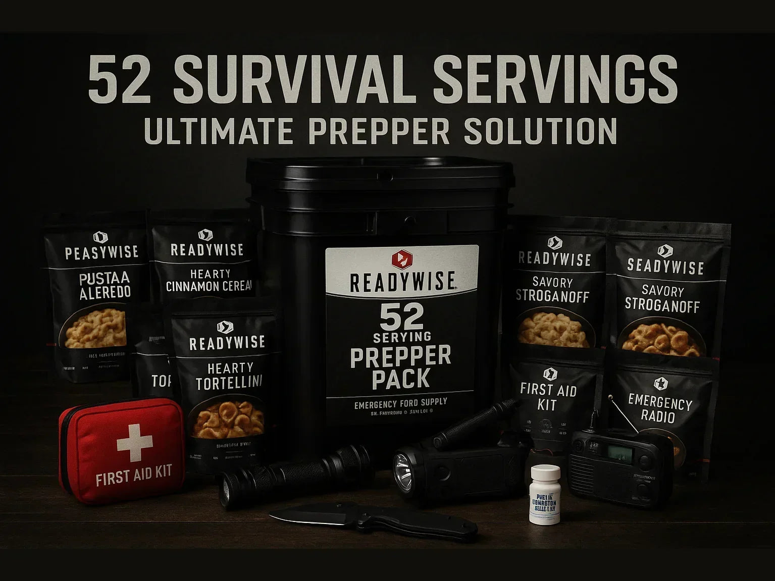 52-serving emergency prepper pack with freeze-dried food, first aid kit, flashlight, and radio