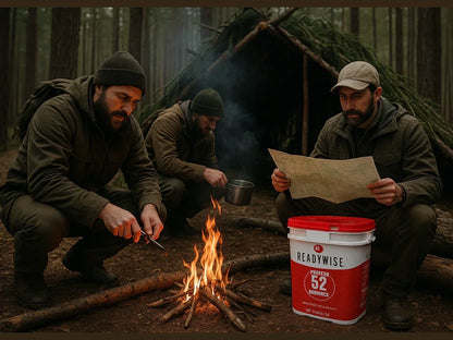 Three men camping in a forest around a fire with a 52-serving emergency food bucket.
