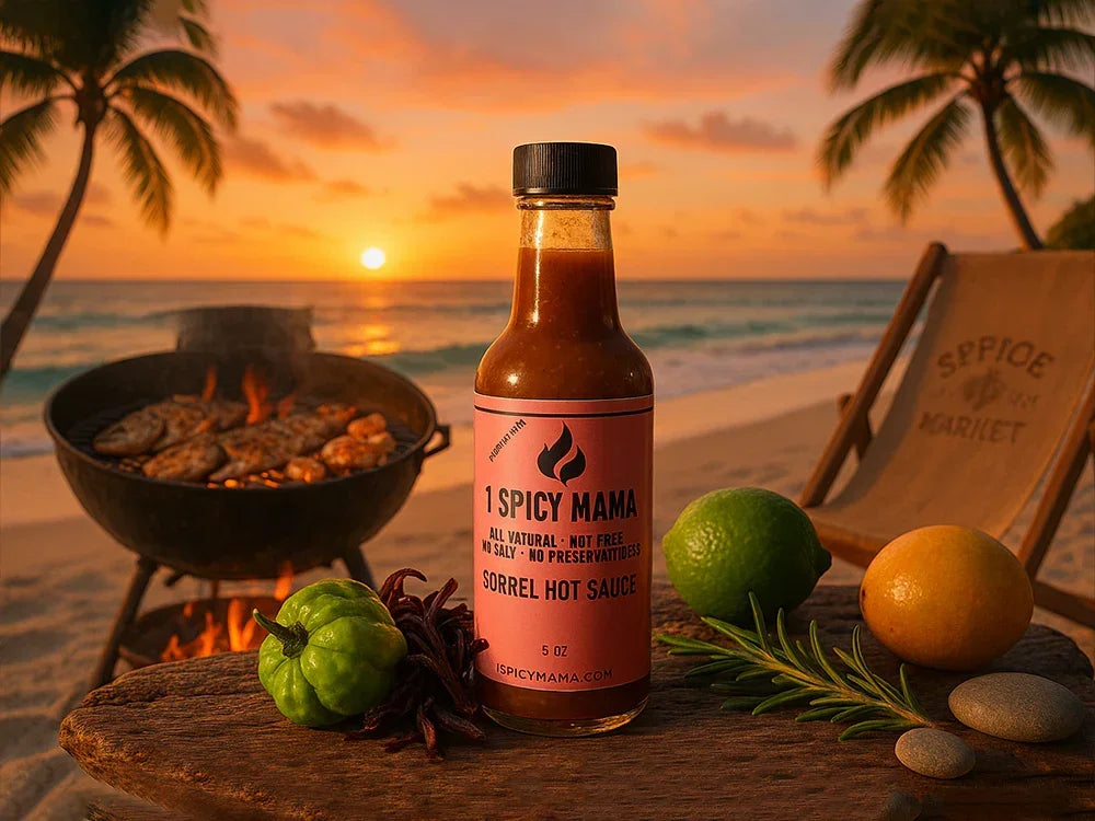 1 Spicy Mama Sorrel Hot Sauce bottle with fresh ingredients on a tropical beach at sunset, BBQ grill in background