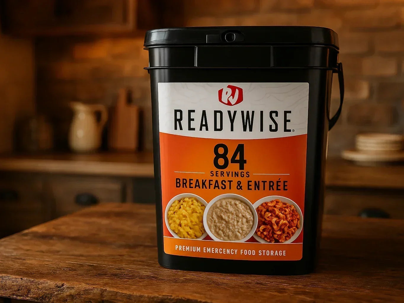 ReadyWise 84 servings breakfast kit in black container, emergency food storage on rustic table