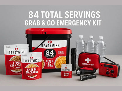 Emergency food kit with 84 servings, water bottles, flashlight, radio, and first aid kit