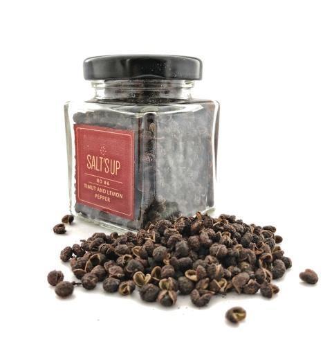 Glass jar of Timut and lemon pepper with loose peppercorns, Spice n Slice Market gourmet spice