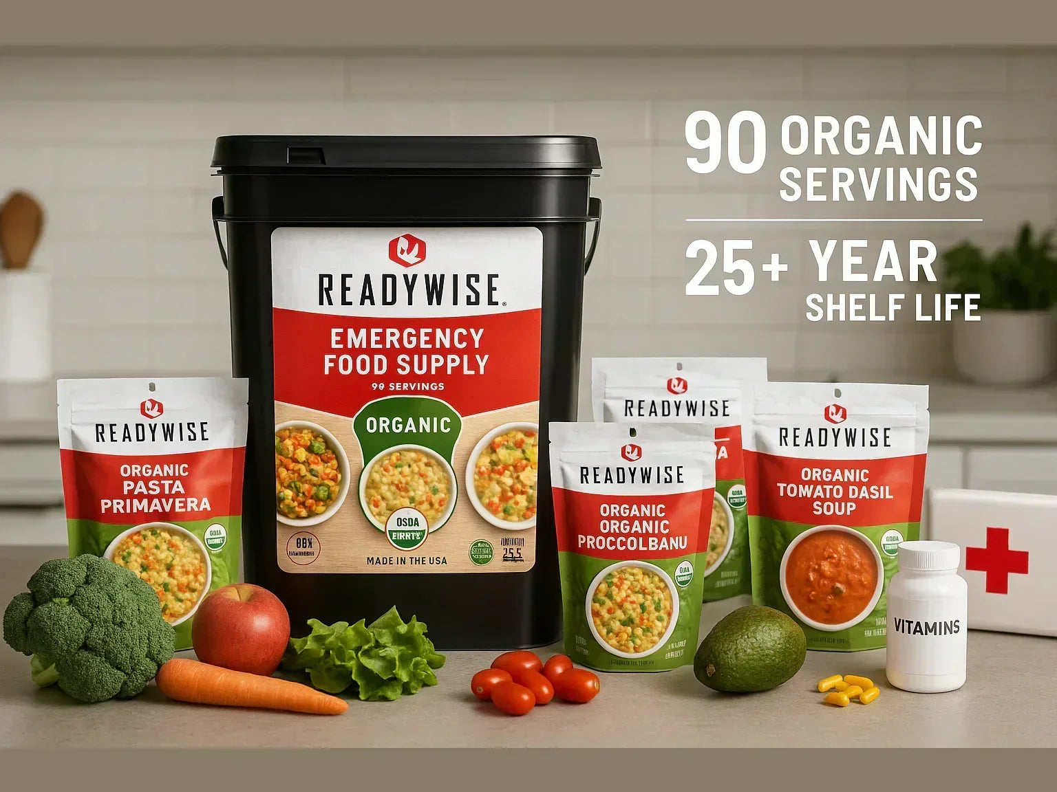Organic emergency food supply bucket with 90 servings, meal pouches, fresh vegetables, and vitamins on kitchen counter.