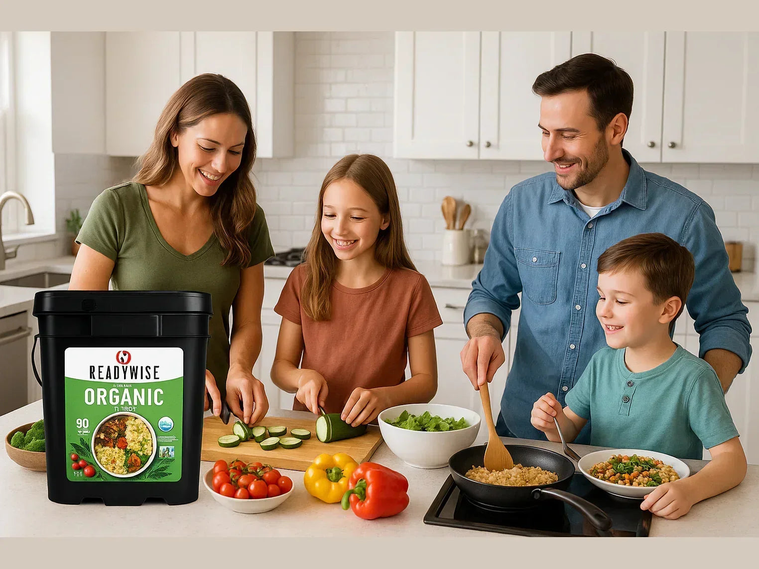 Family cooking together in a kitchen with ReadyWise organic 90-serving food bucket