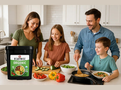 Family cooking together in a kitchen with ReadyWise organic 90-serving food bucket