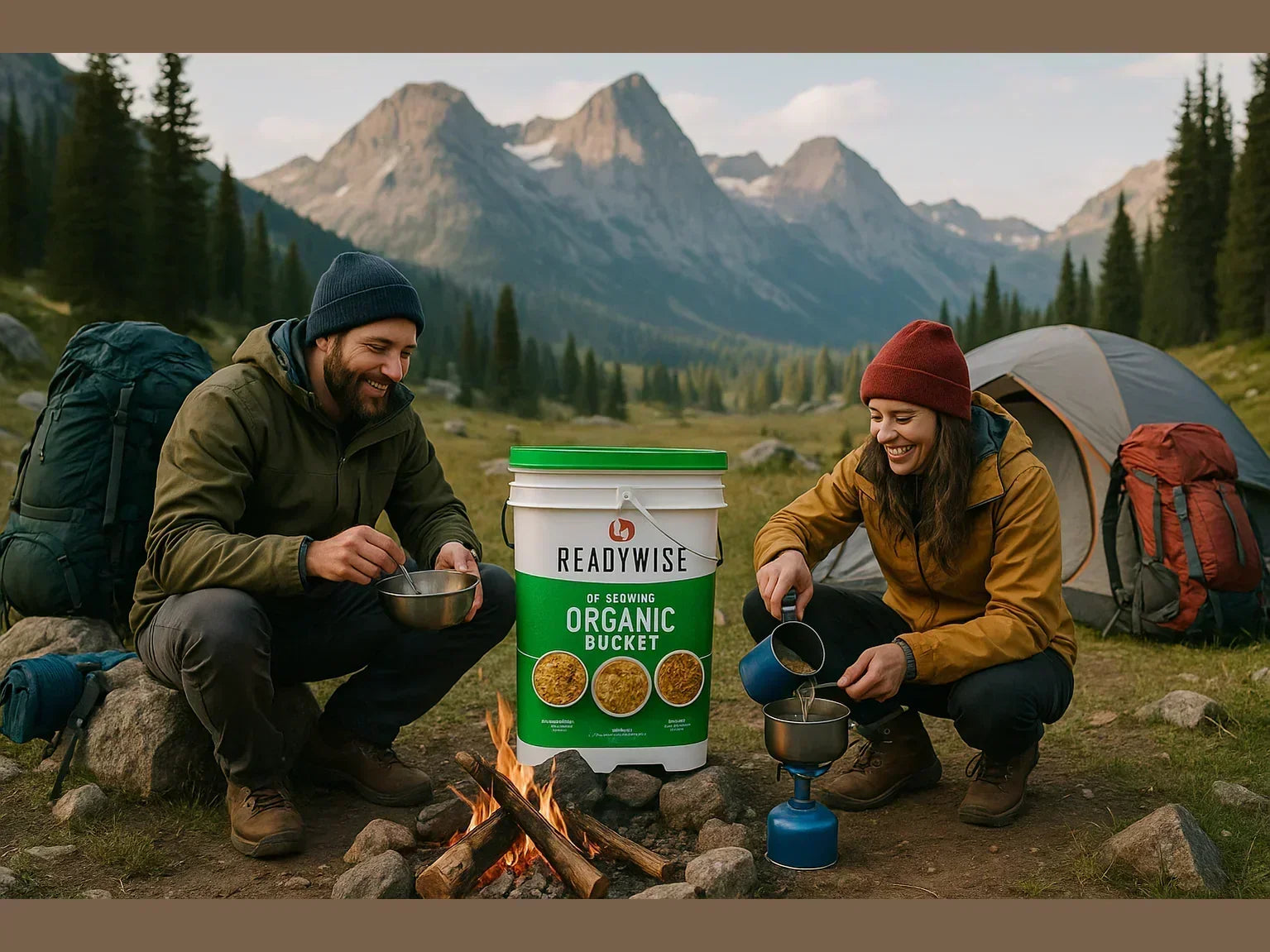 Campers cooking beside a tent with a 90-serving organic food bucket in the mountains