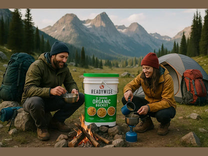 Campers cooking beside a tent with a 90-serving organic food bucket in the mountains