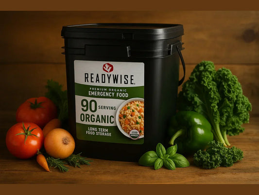 90 serving organic emergency food storage bucket with fresh vegetables on wood table