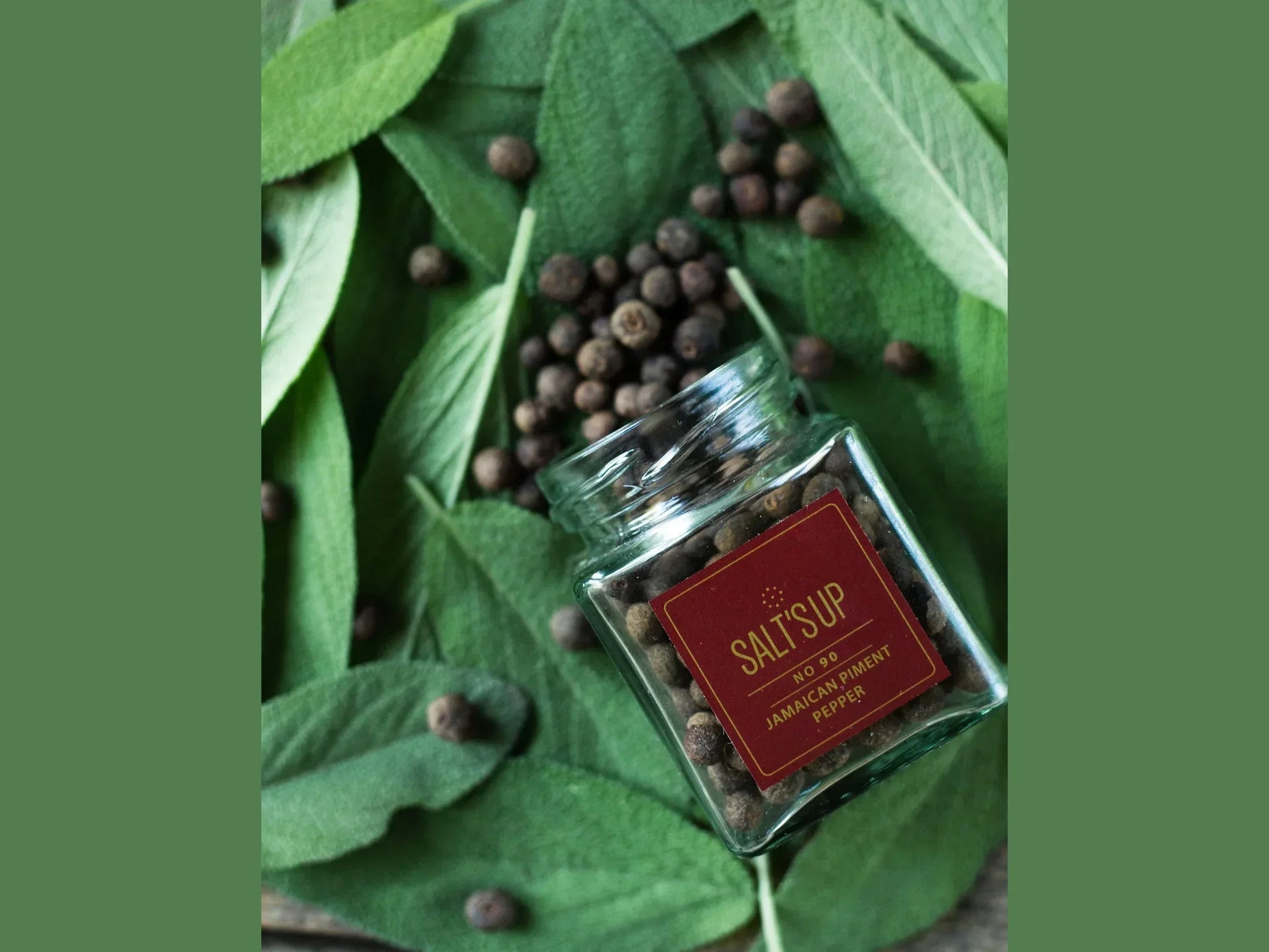 Jar of Jamaican piment pepper on fresh green leaves, scattered peppercorns visible